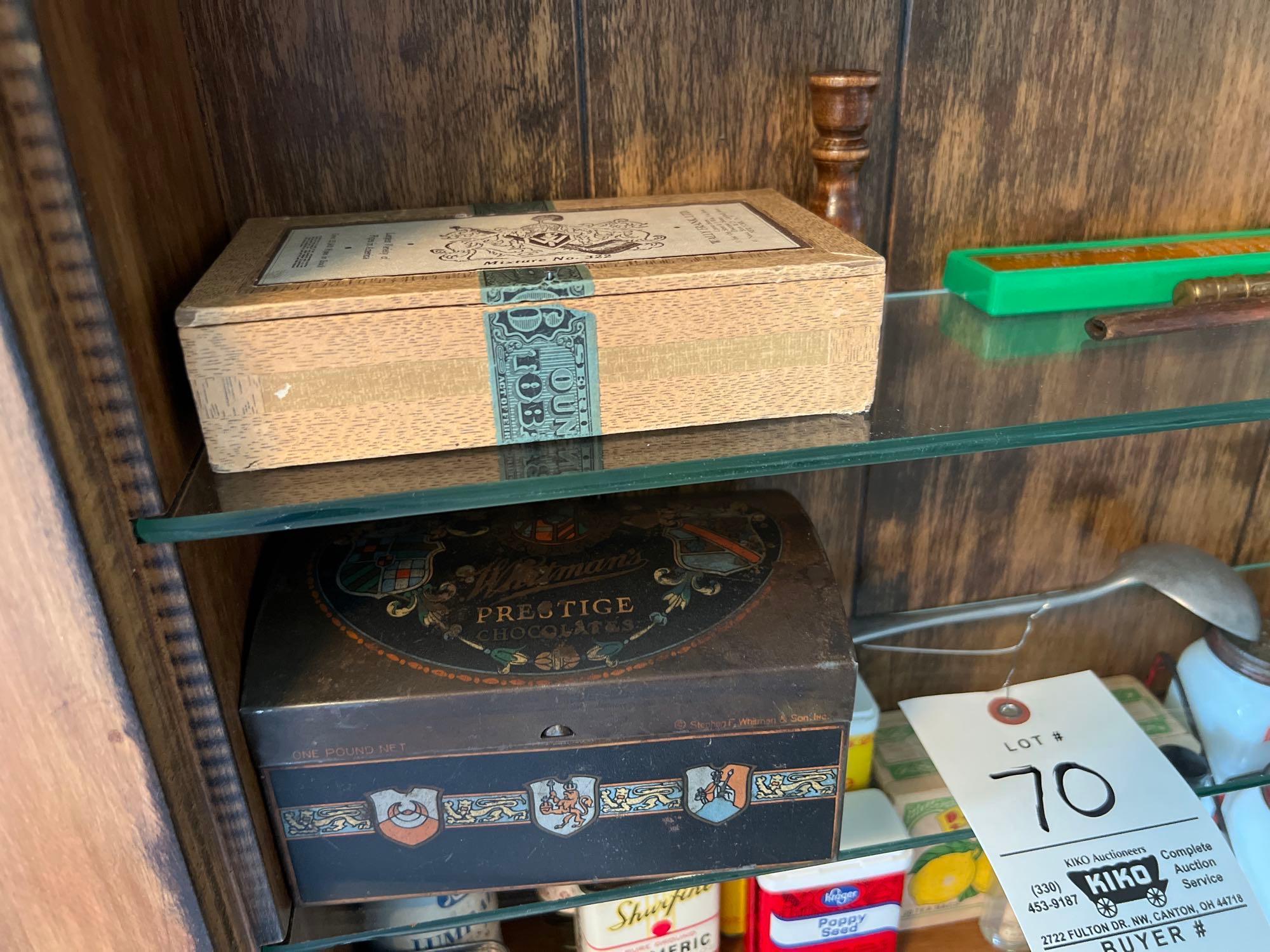 Contents on Shelf, Spice Rack, Advertising Tins, Salt and Pepper Shakers