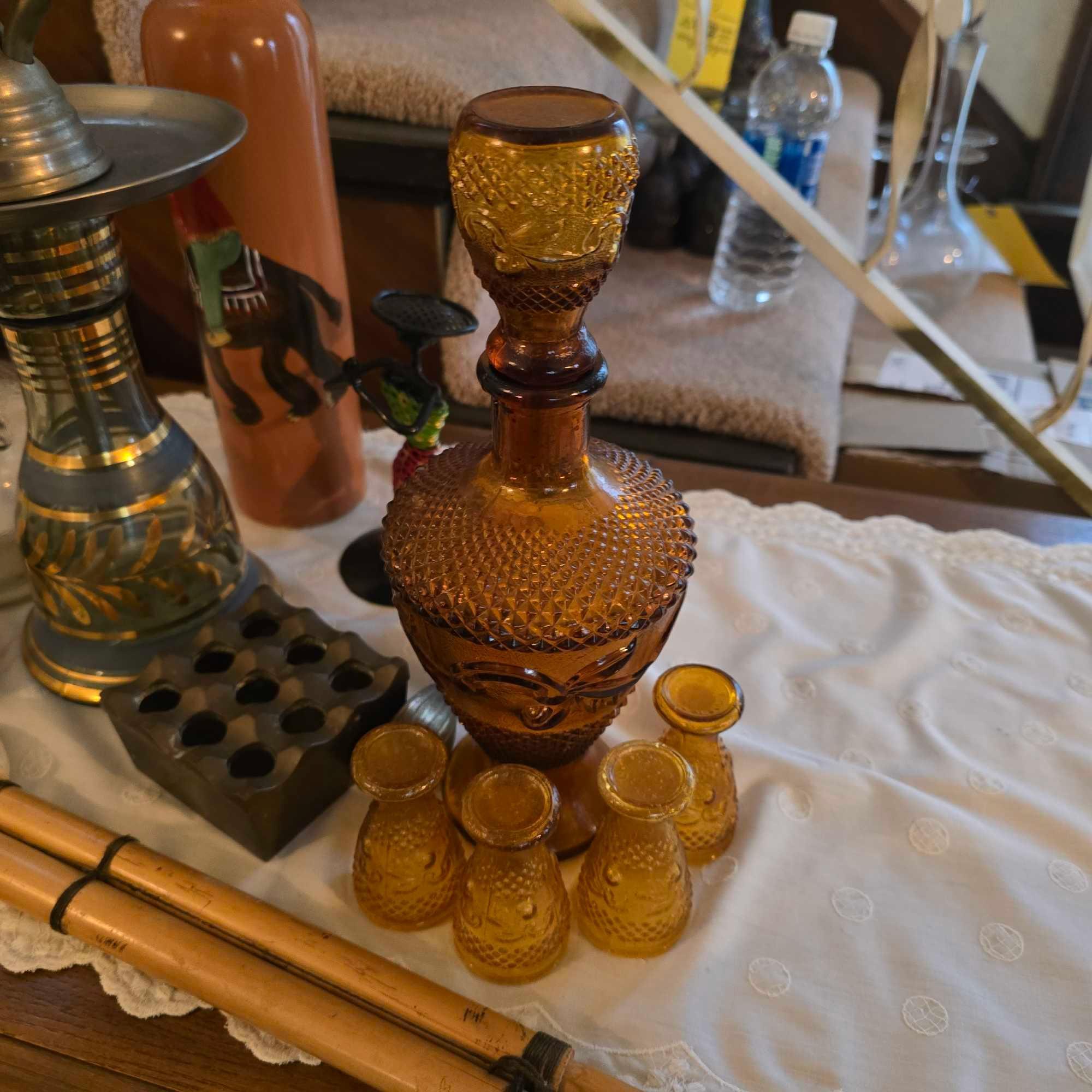 Miniature 5 Piece Decanter Serving Set, Vintage Hookah, Painted Vase, & Assorted Small Items