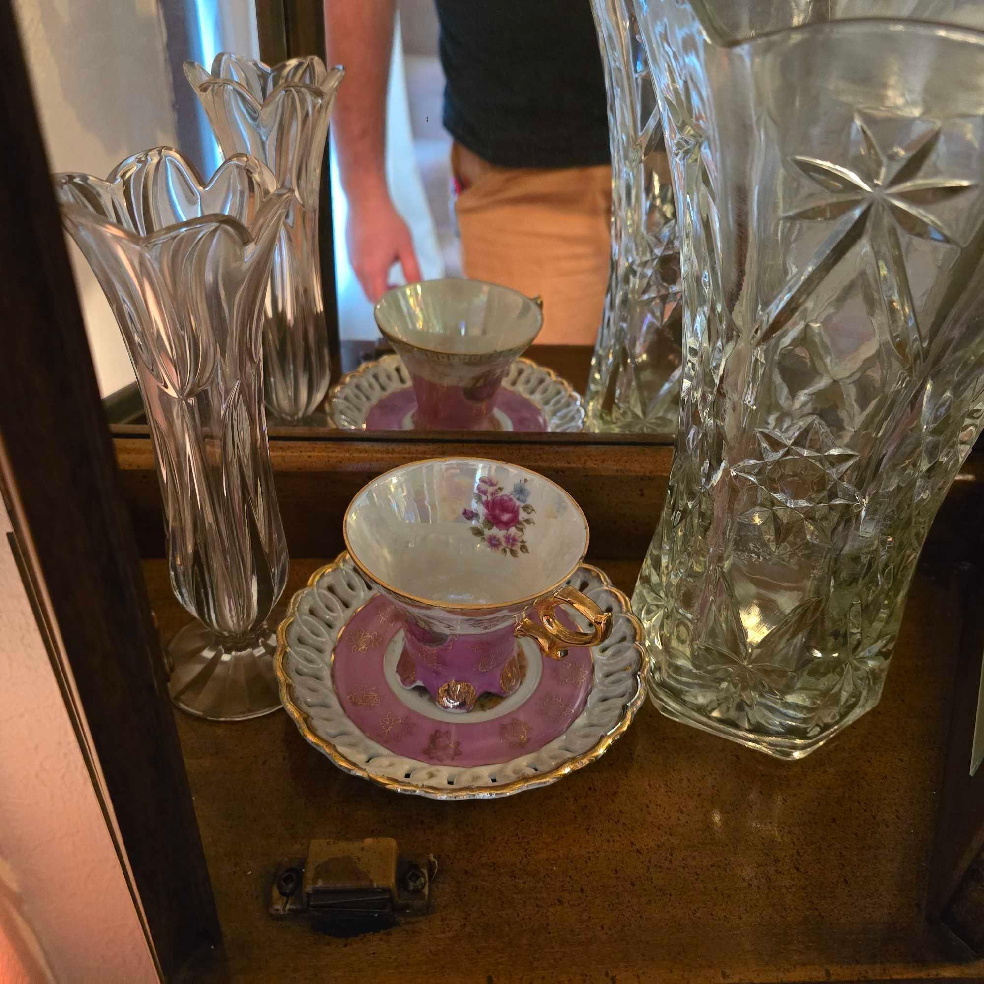 Contents of Curio Cabinet - Cut Pattern Glass, China Pieces, & Cranberry Glass Pieces
