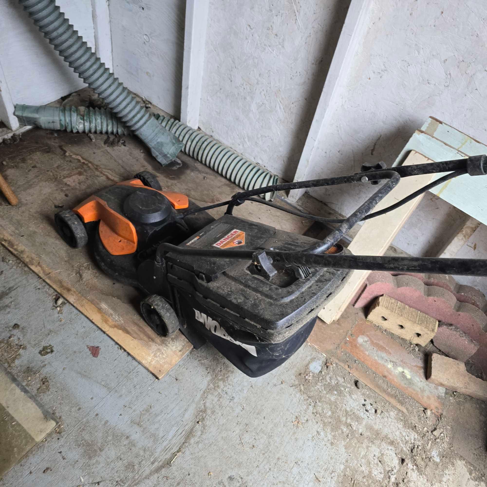 Remaining Contents of Shed - Yard Tools, Electric Yard Tools, Stand, & Worx Mower (Missing Battery)