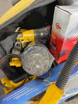 bag of assorted DeWalt tool (No batteries) oil filters, barrel pump