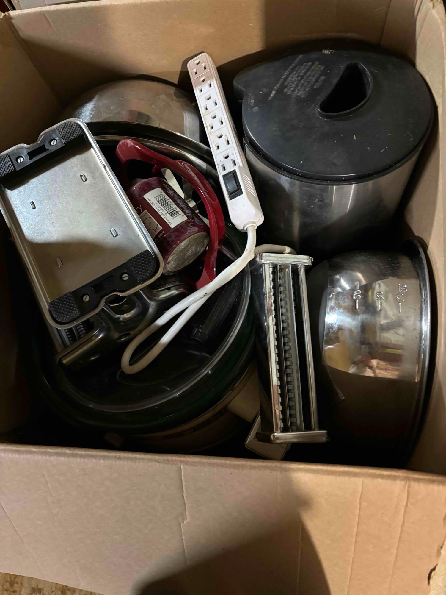 boxes full of kitchenware inc stainless bowls and cookware - sewing machine - noodle maker