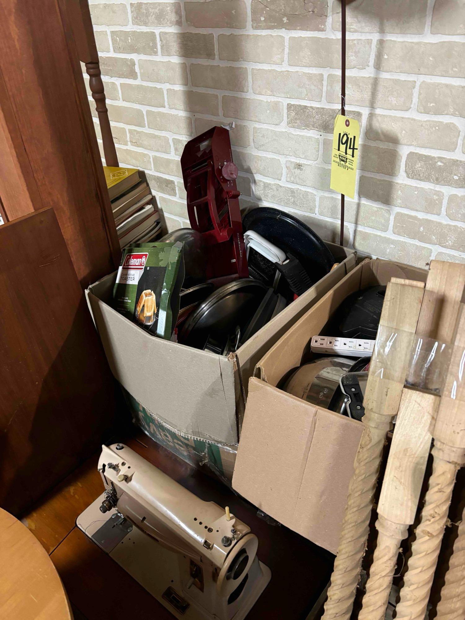 boxes full of kitchenware inc stainless bowls and cookware - sewing machine - noodle maker