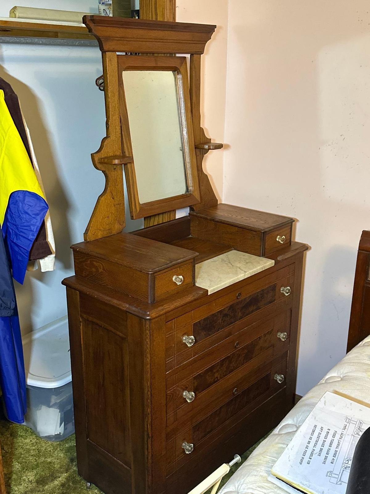 Antique Victorian dresser with glass pulls - marble insert, side drawers and mirror