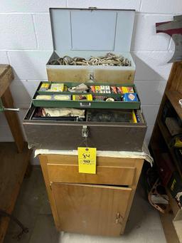 Toolbox with Vintage Car Parts / Spark Plugs, Rope, Cabinet, Sheet Steel