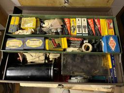 Toolbox with Vintage Car Parts / Spark Plugs, Rope, Cabinet, Sheet Steel