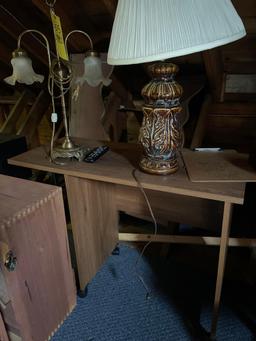 (2) Tabletop Lamps, Cabinet, Small Roller Table