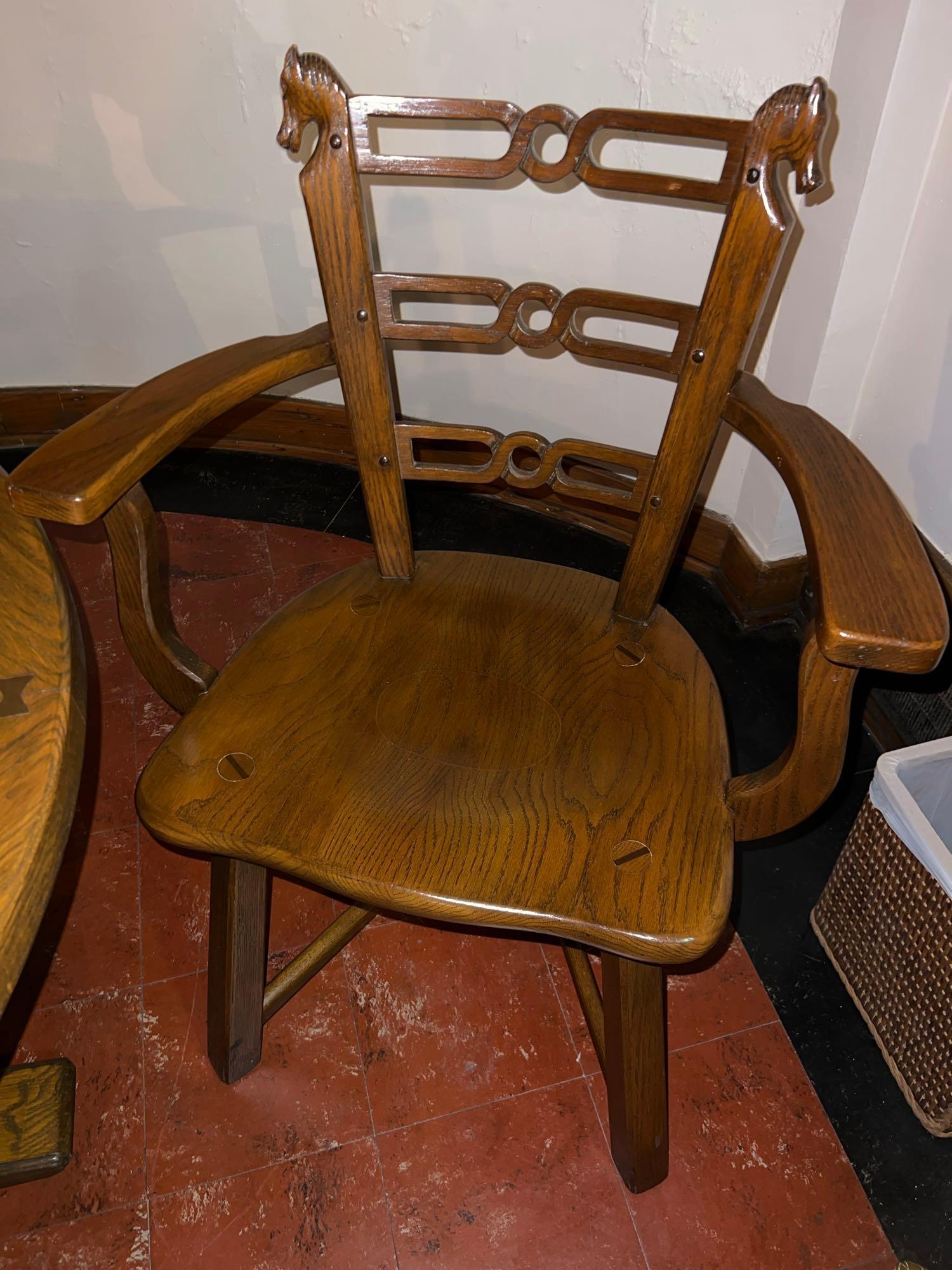 Vintage Oak Tavern Table and (4) Chairs with Carved Horse Heads