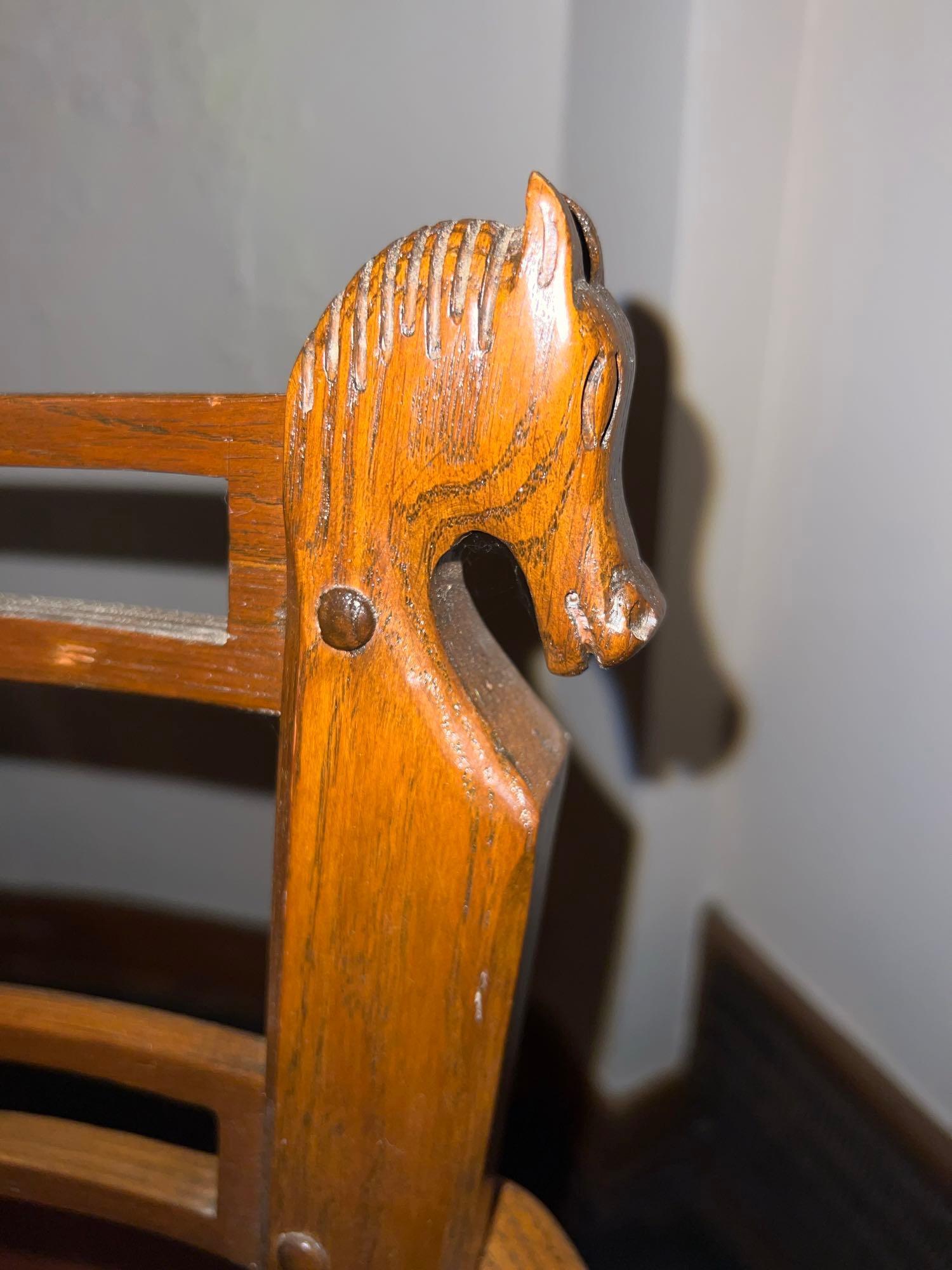 Vintage Oak Tavern Table and (4) Chairs with Carved Horse Heads
