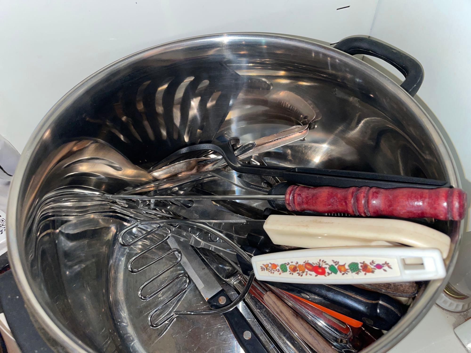 Pots, Soup Crocks, Assorted Utensils