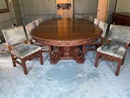 Late 1800s Heavily Carved Oak Dining Table with 10 Chairs