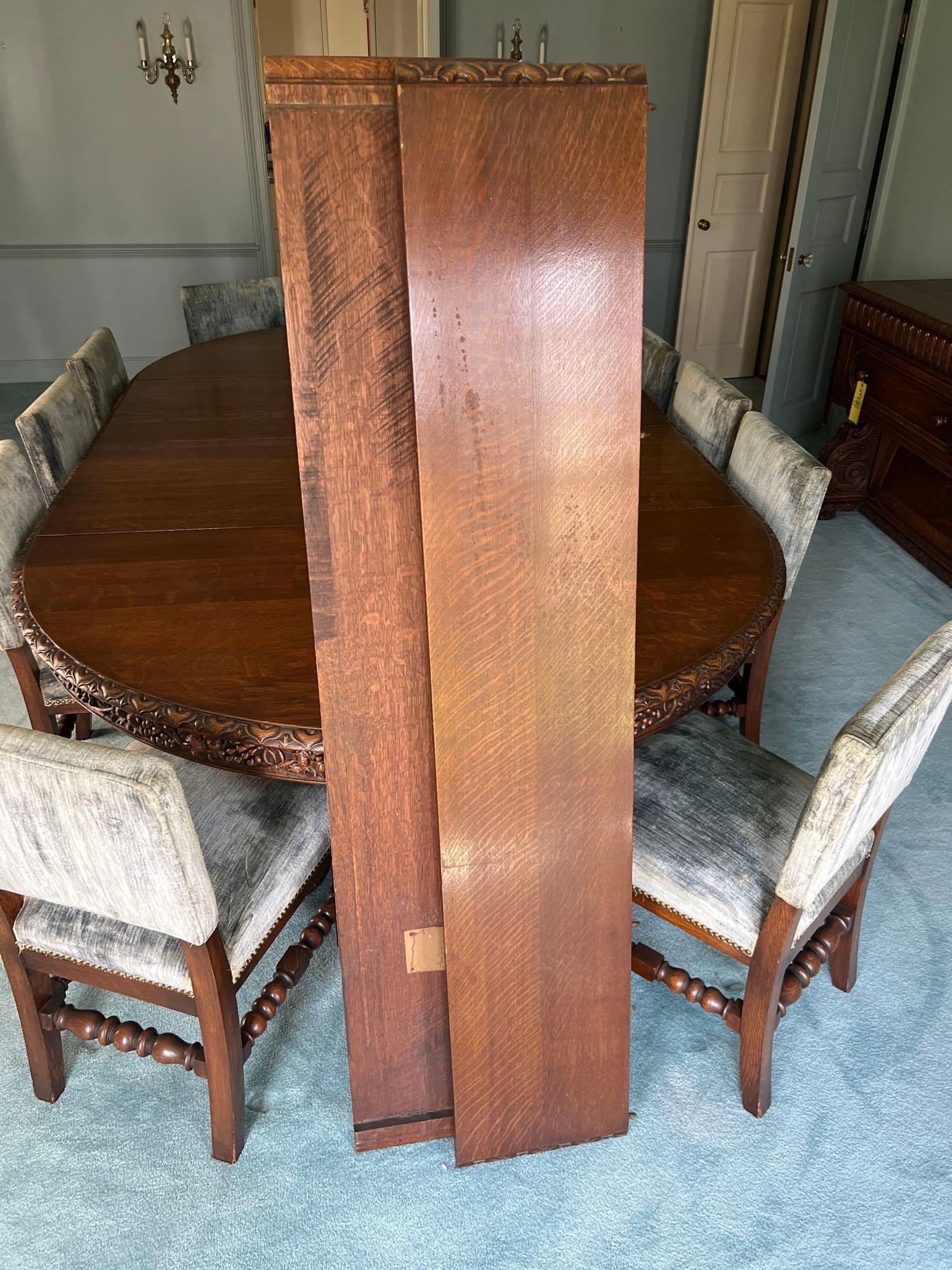 Late 1800s Heavily Carved Oak Dining Table with 10 Chairs