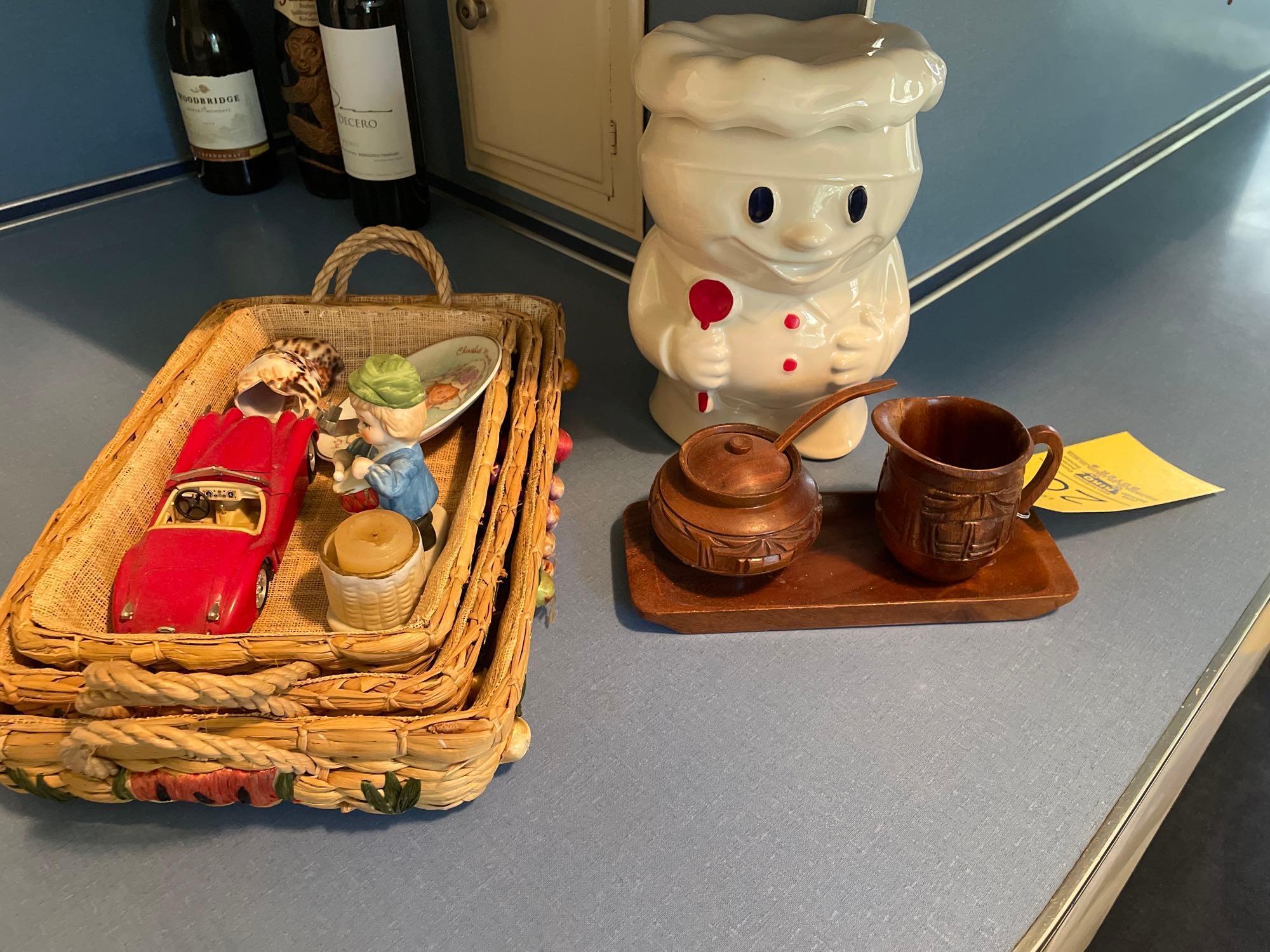 (3) Woven Serving Trays, Cookie Jar, Wooden Sculpted Cream and Sugar Tray