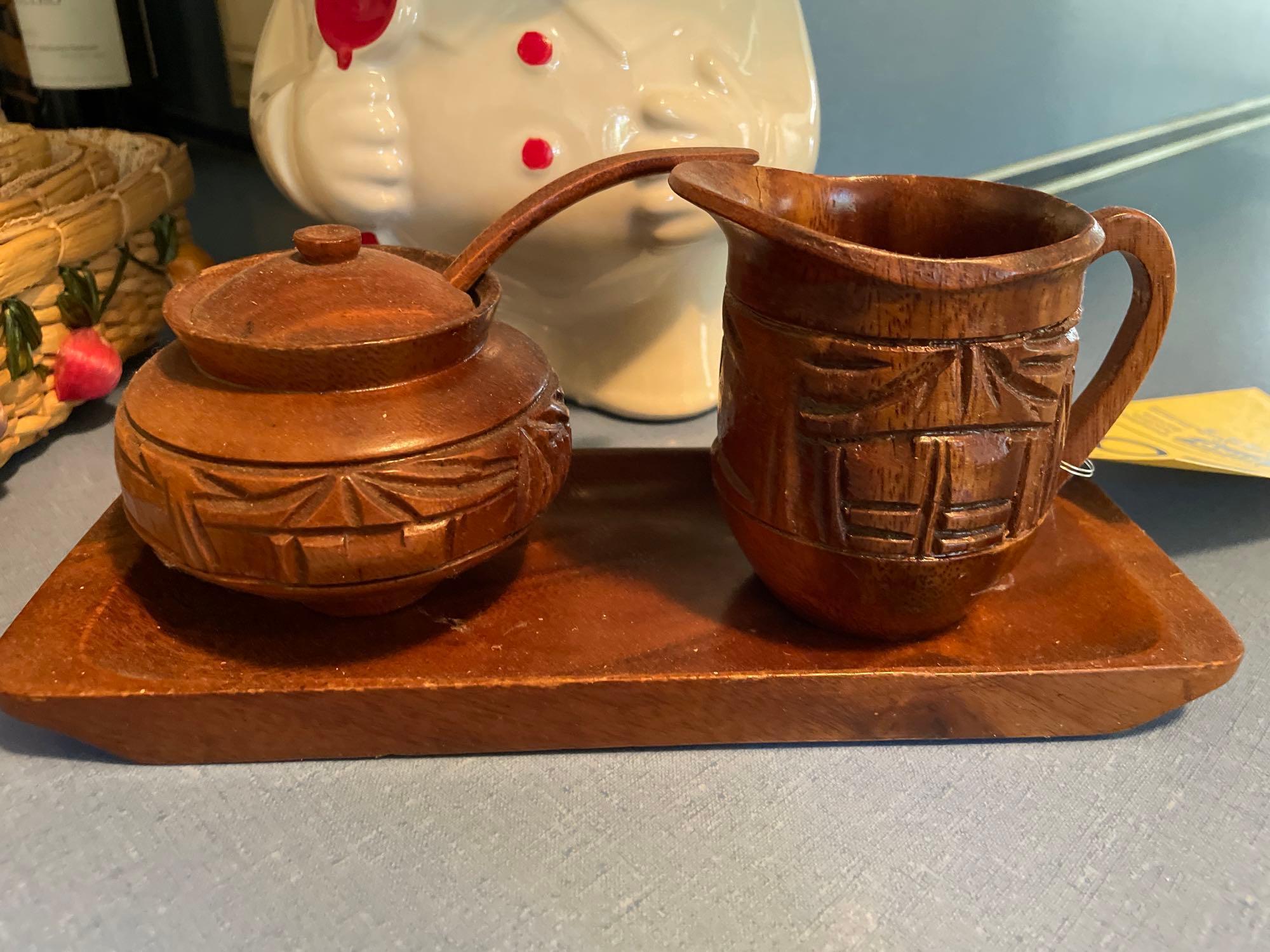 (3) Woven Serving Trays, Cookie Jar, Wooden Sculpted Cream and Sugar Tray