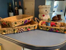 (3) Woven Serving Trays, Cookie Jar, Wooden Sculpted Cream and Sugar Tray