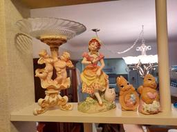 Contents of Shelf - Animal Figurines, Goose Girl Figurine, Angel Server, & Small Decor