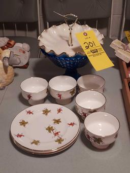 Royal Victoria Bone China Pieces, Blue Glass Dish, & Serving Piece