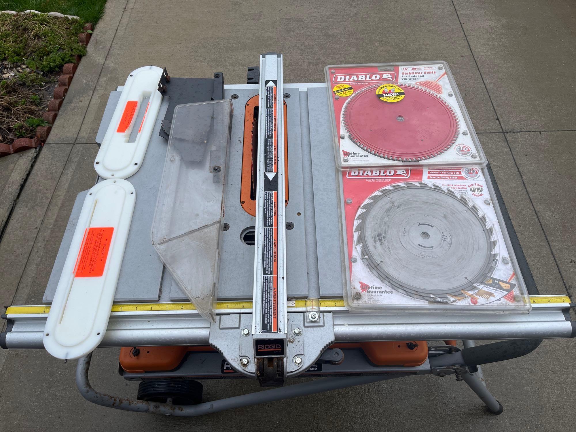 Ridgid 10in Table Saw with Ridgid Two Wheel Work Stand and Accessories