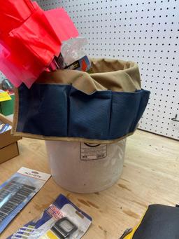 Bucket with Tool Organizer, Rain Gauge, Knee Pads, Electrical Fish Tape, Tie Downs