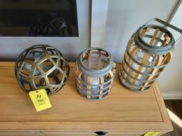 Metal sphere and pair of metal banded primitive candle holders