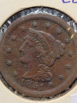 1851 US braided hair 1 cent