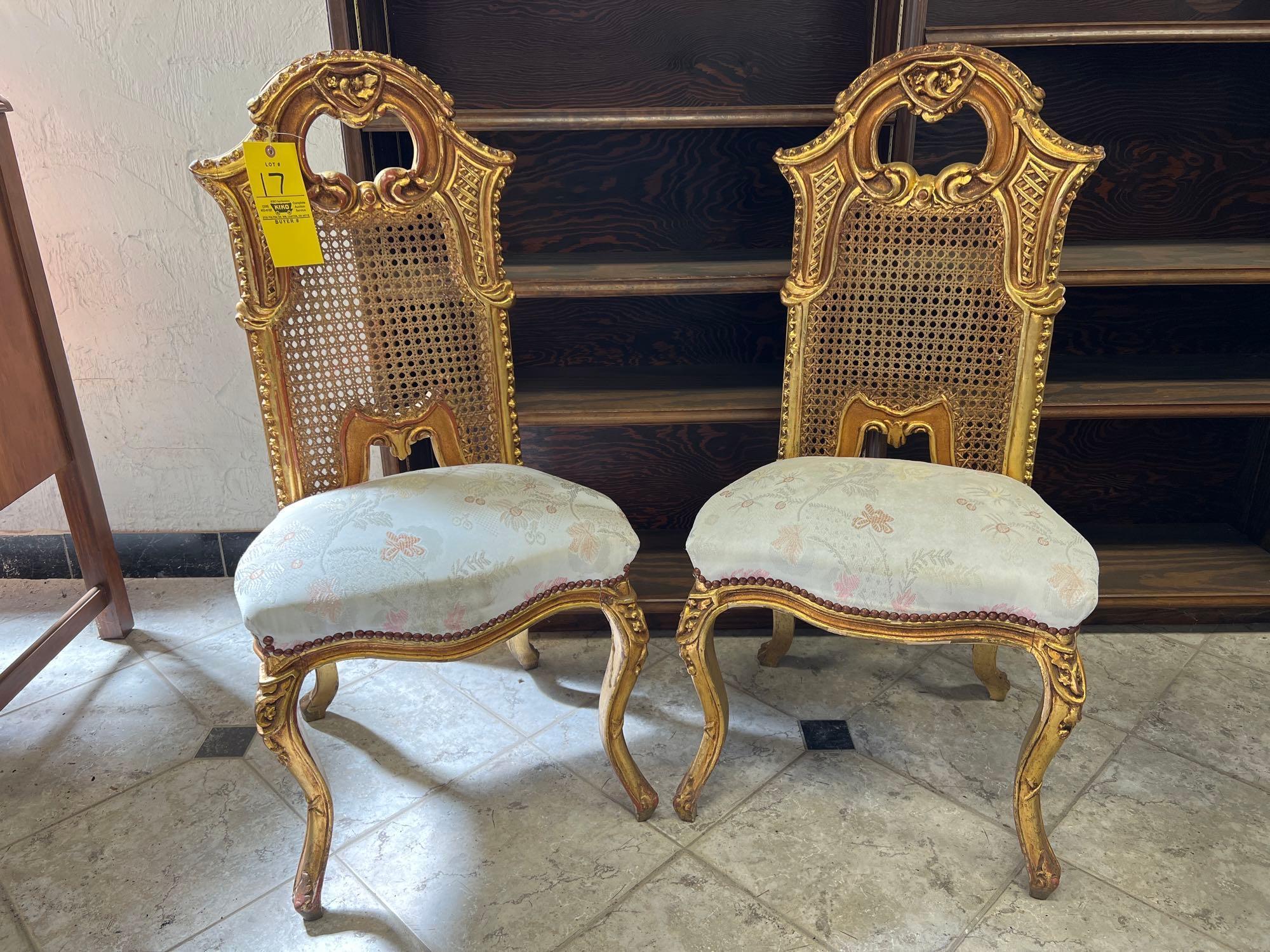 Pair of Ornate Cane Back Carved Wood Chairs with Reupholstered Seats