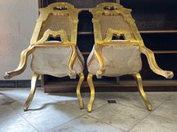 Pair of Ornate Cane Back Carved Wood Chairs with Reupholstered Seats