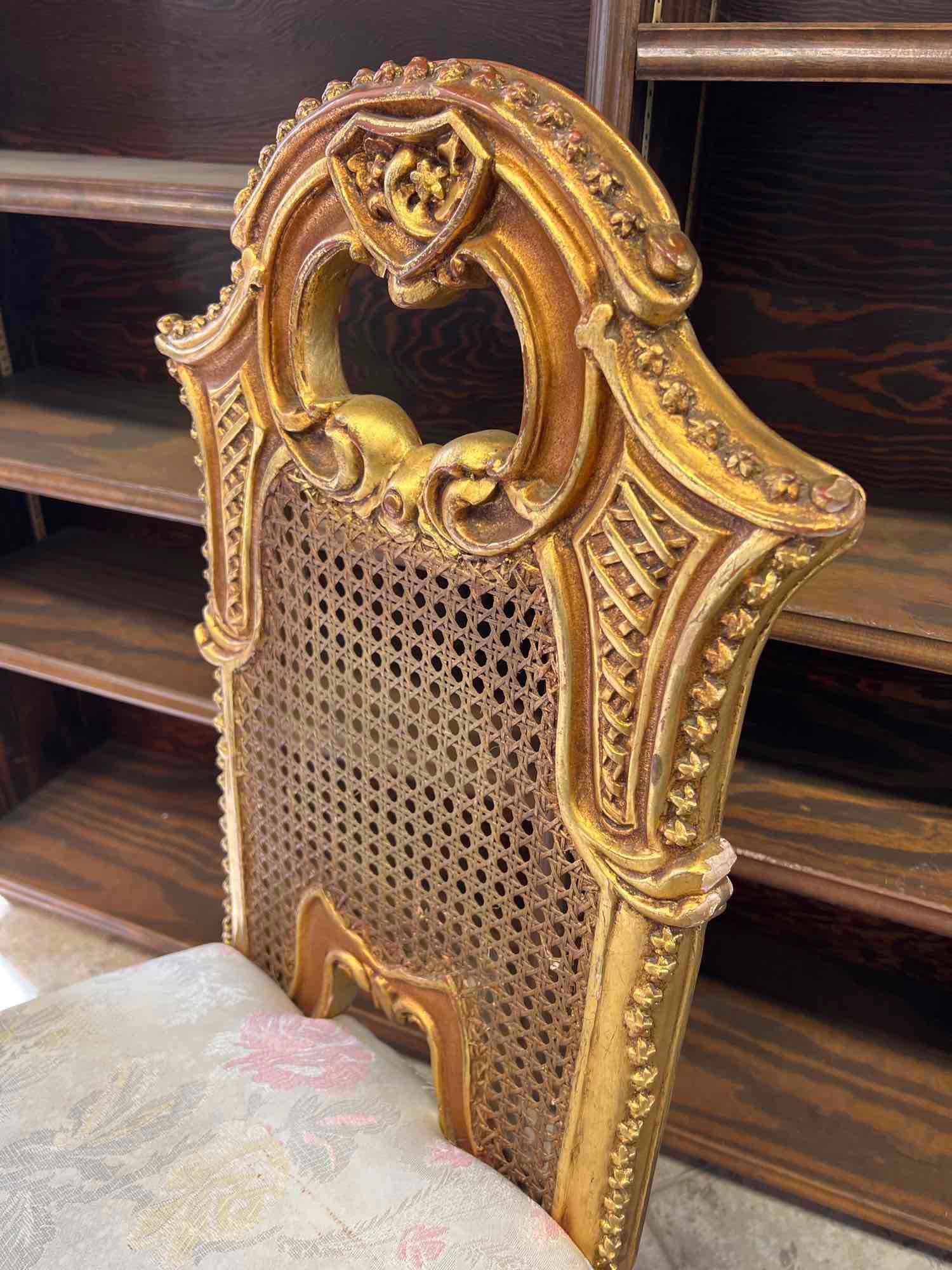 Pair of Ornate Cane Back Carved Wood Chairs with Reupholstered Seats