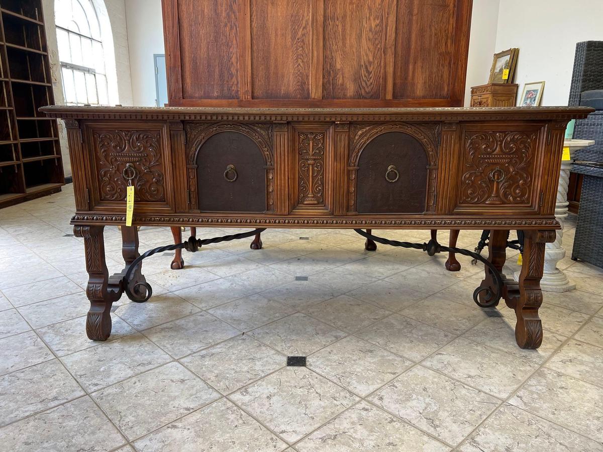 1940s Ornate Wood Buffet Server with Wrought Iron Accents