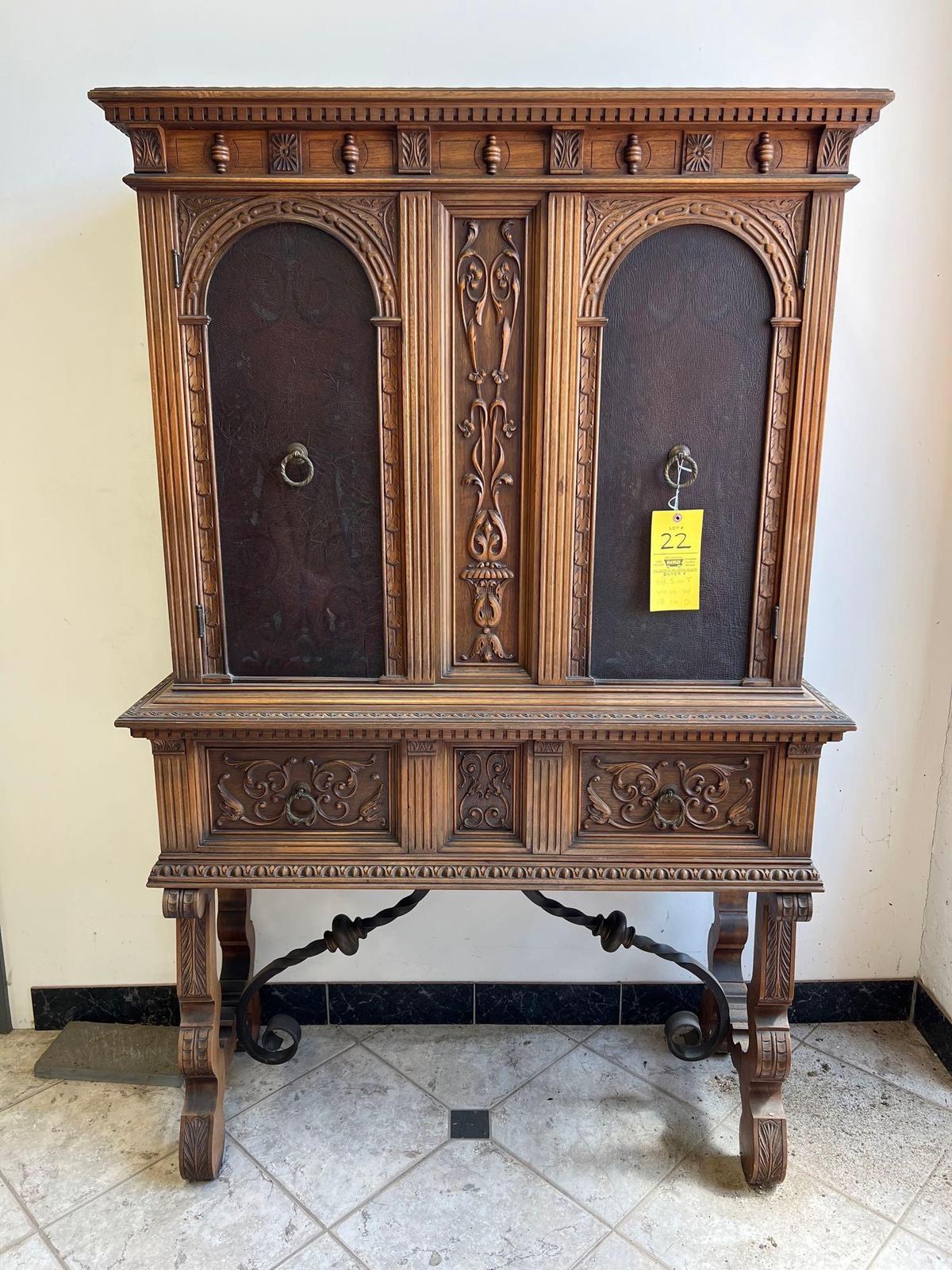 1940s Ornate Wood Dining Room Hutch with Leather Inlay Doors and Wrought Iron Accents