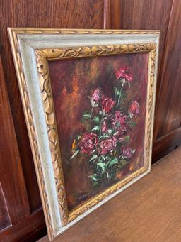 Signed Oil on Canvas Roses with Early Ornate Frame
