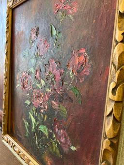 Signed Oil on Canvas Roses with Early Ornate Frame