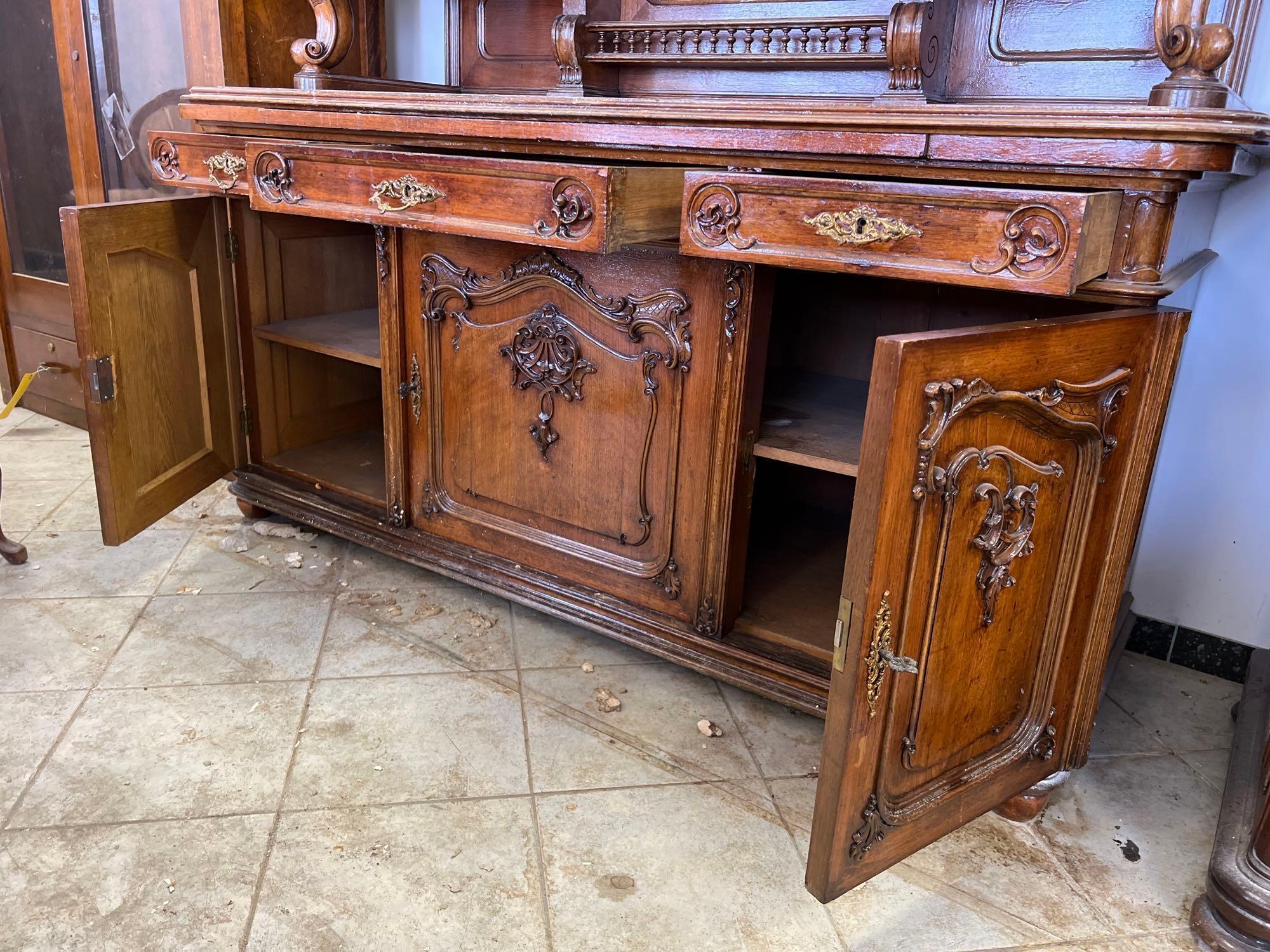 Very Ornate 1880s Austrian Walnut Hutch with Black Marble and Serving Tray