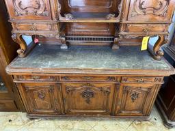 Very Ornate 1880s Austrian Walnut Hutch with Black Marble and Serving Tray