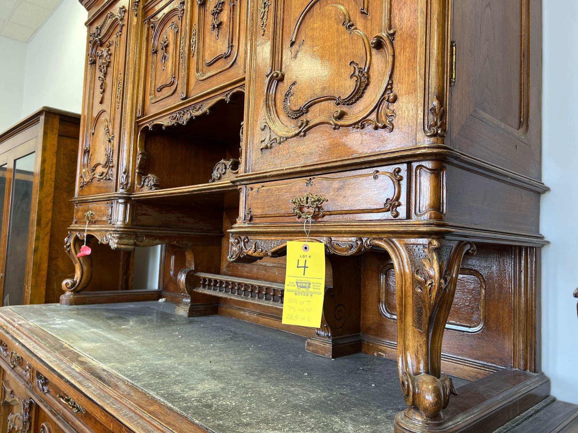 Very Ornate 1880s Austrian Walnut Hutch with Black Marble and Serving Tray