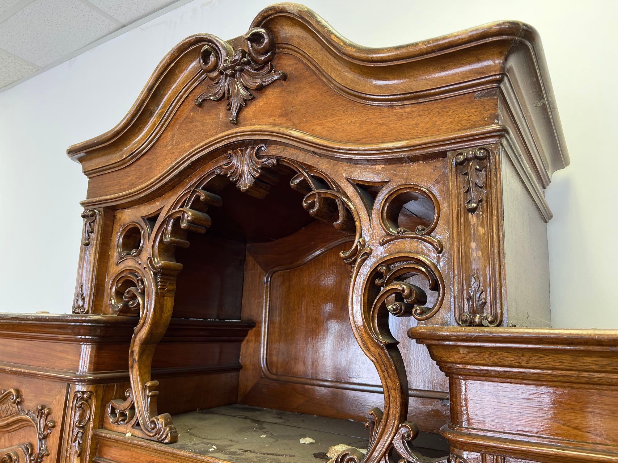 Very Ornate 1880s Austrian Walnut Hutch with Black Marble and Serving Tray