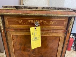 Ornate Inlaid Wood Side Cabinet with Marble Top