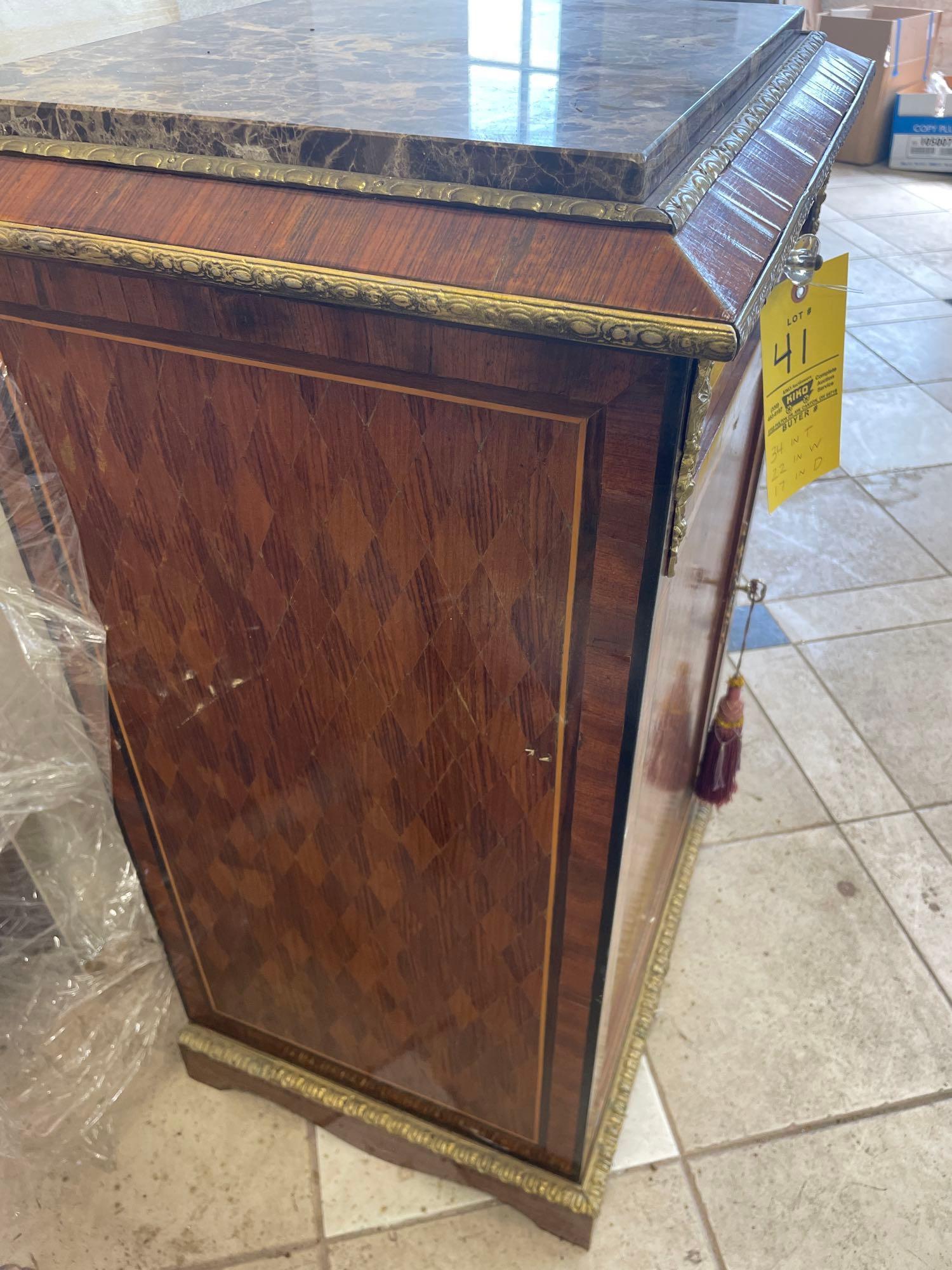 Ornate Inlaid Wood Side Cabinet with Marble Top