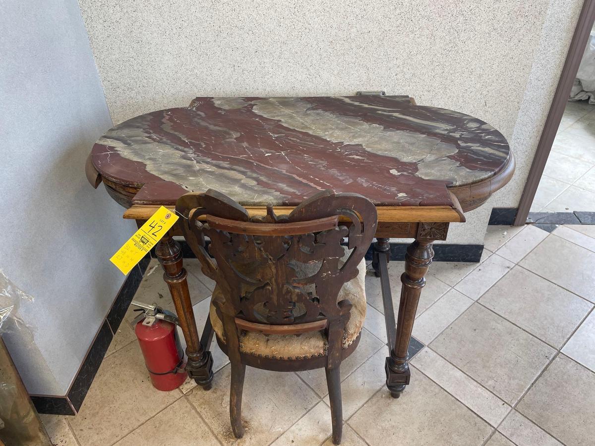 Early Ornate Marble Top Carved Wood Desk and Chair