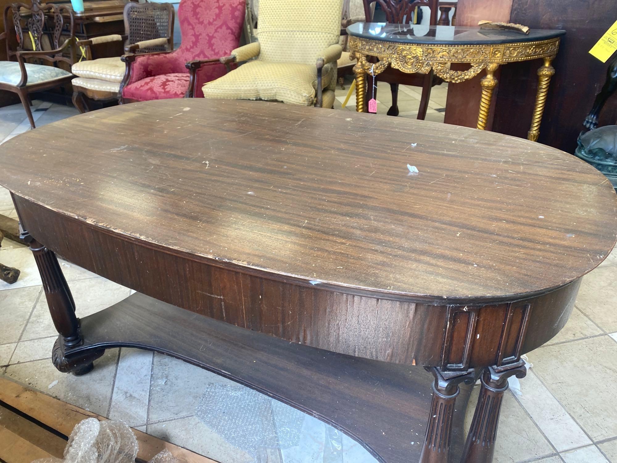 Early Round Top Carved Wood Table with Drawers