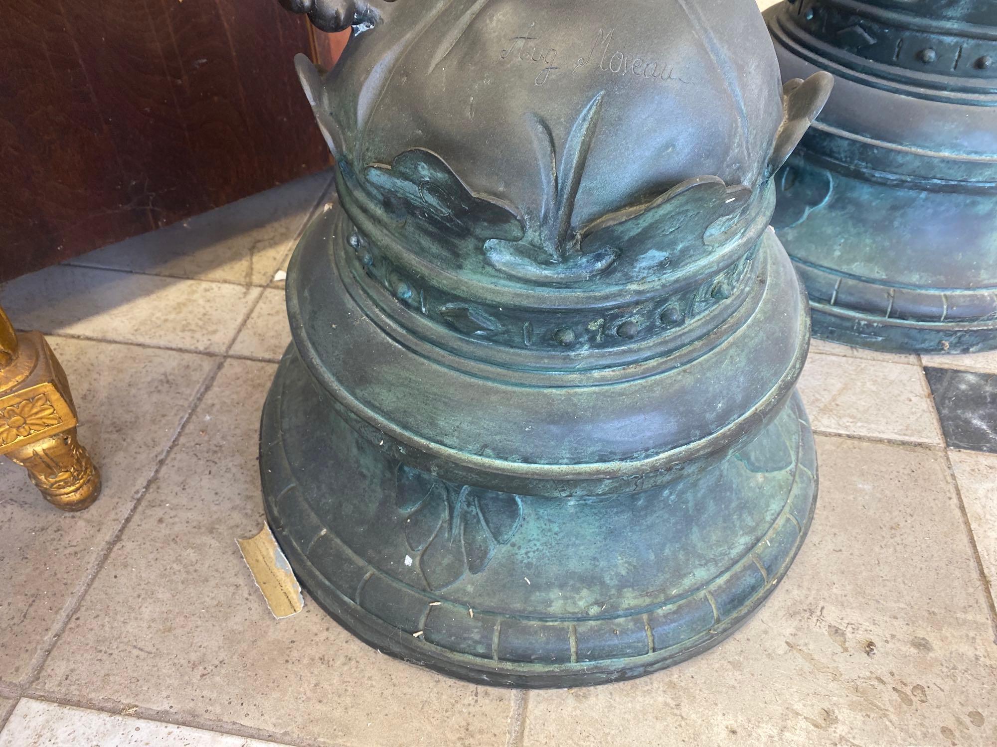 Pair of Tall Bronze Lion Pedestal Stands with Marble Tops