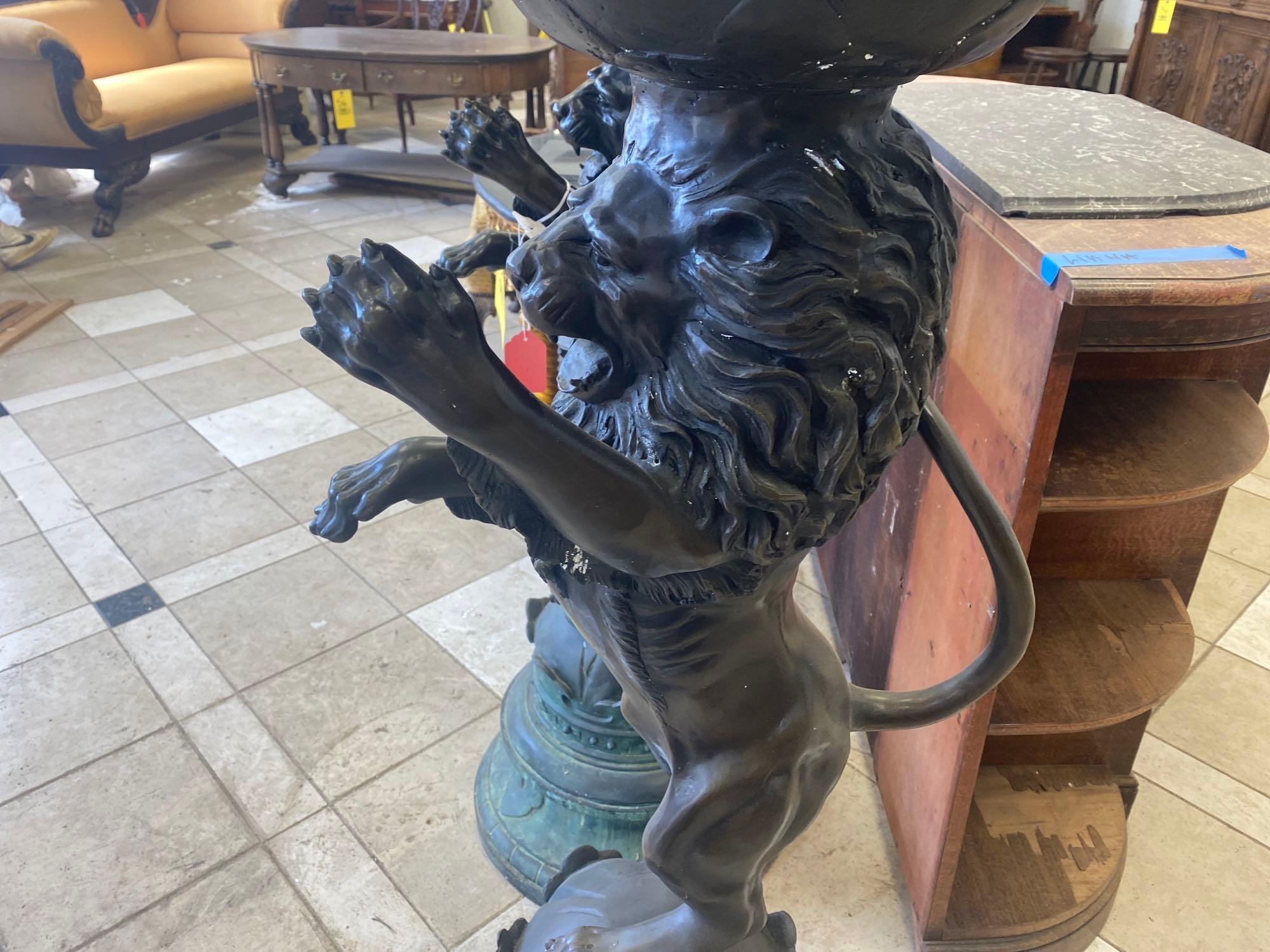 Pair of Tall Bronze Lion Pedestal Stands with Marble Tops