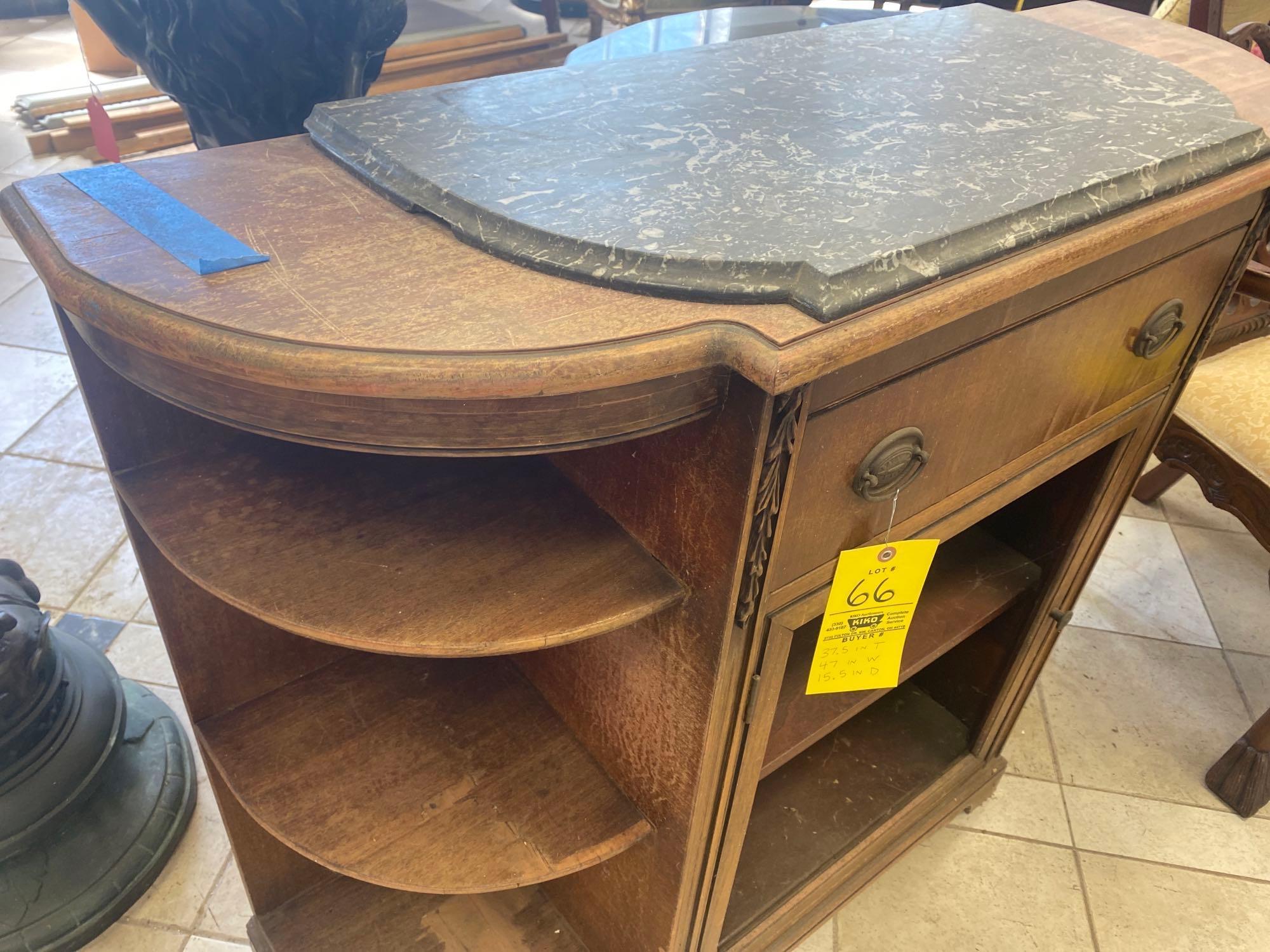 Early Carved Wood Server with Marble Top and Drawer