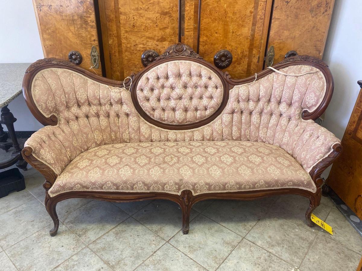 Ornate 1960s American Floral Styled Carved Wood Sofa