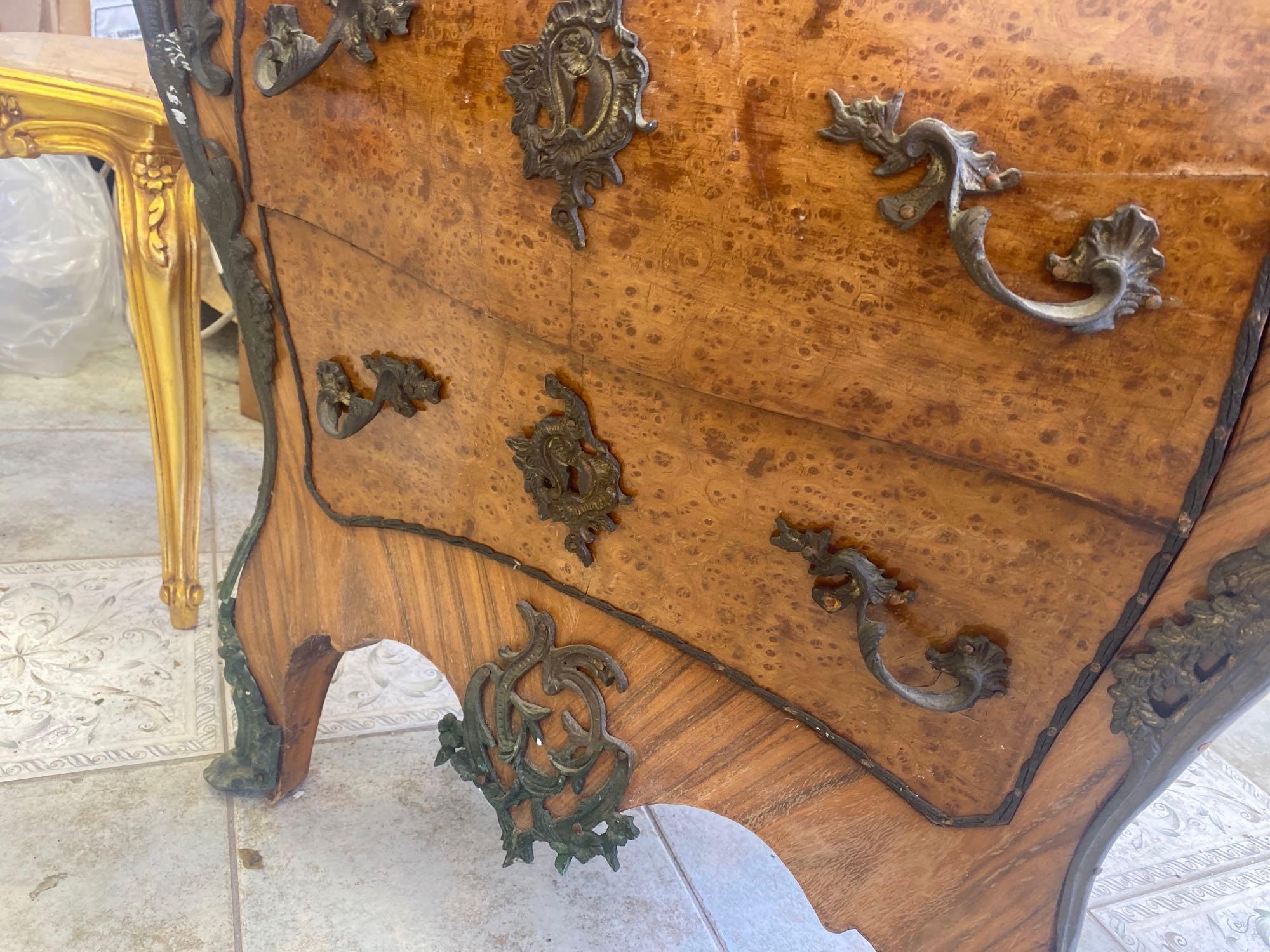 Early Ornate Burl Wood Bombay Chest of Drawers with Figural Accents, French Louis XV Style