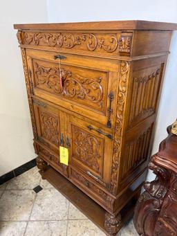 Ornate 1940s Mexican Walnut Drop Front Liquor Cabinet