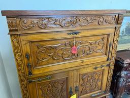 Ornate 1940s Mexican Walnut Drop Front Liquor Cabinet