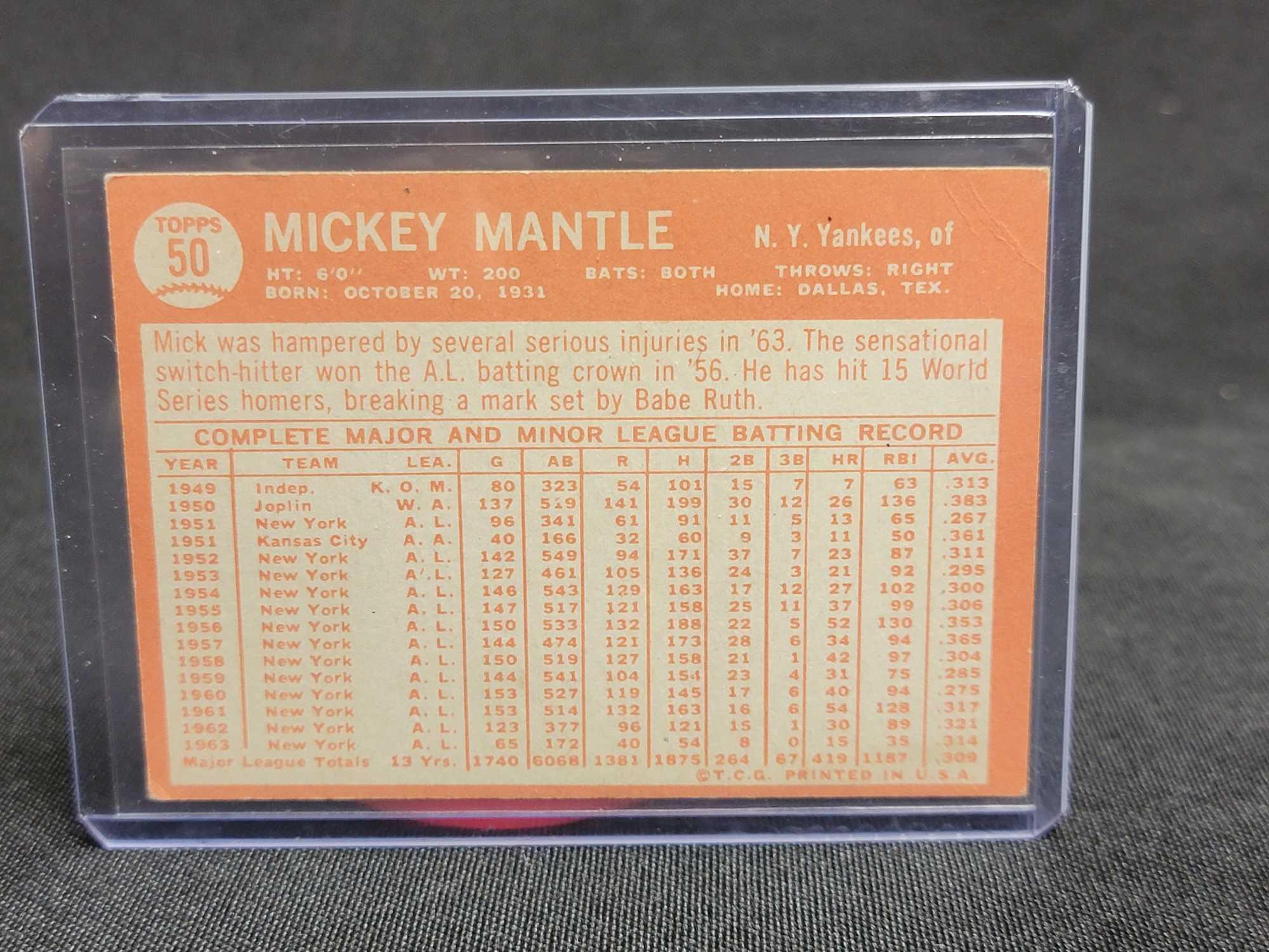 1964 Topps Mickey Mantle Baseball Card 50 HOFer MVP Yankees