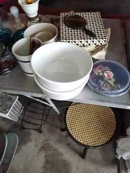 Old Coffee Pot, Cups and Saucers, Lamp, Crock