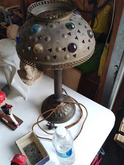 Jeweled Lamp, Brass School Bell, Figures